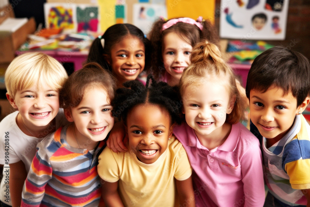Diverse little friends in kindergarten giggle, their faces beaming with joy. United by innocence and laughter, race is irrelevant in their happy world. Generative AI Diverse little friends in kindergarten giggle, their faces beaming with joy. United by innocence and laughter, race is irrelevant in their happy world. Generative AI