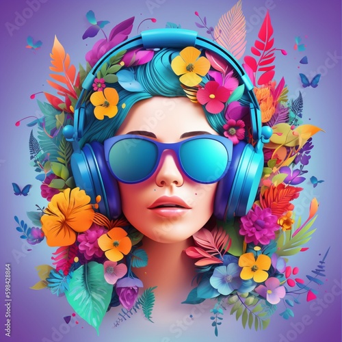 A beautiful woman wearing headphones with ornament colorful flowers background, music festival day. Generative AI, Generative, AI © nonblok