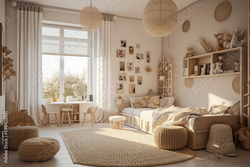 Cute modern childrens room  boho design interior style. Beige light colors. Super photo realistic background  generative ai