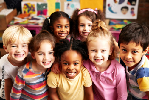 Diverse little friends in kindergarten giggle, their faces beaming with joy. United by innocence and laughter, race is irrelevant in their happy world. Generative AI