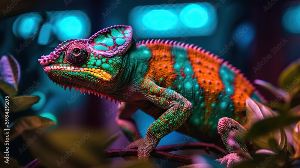 Colorful chameleon isolated on leaves background. Lizard on the green leaves. Generative AI Colorful chameleon isolated on leaves background. Lizard on the green leaves. Generative AI