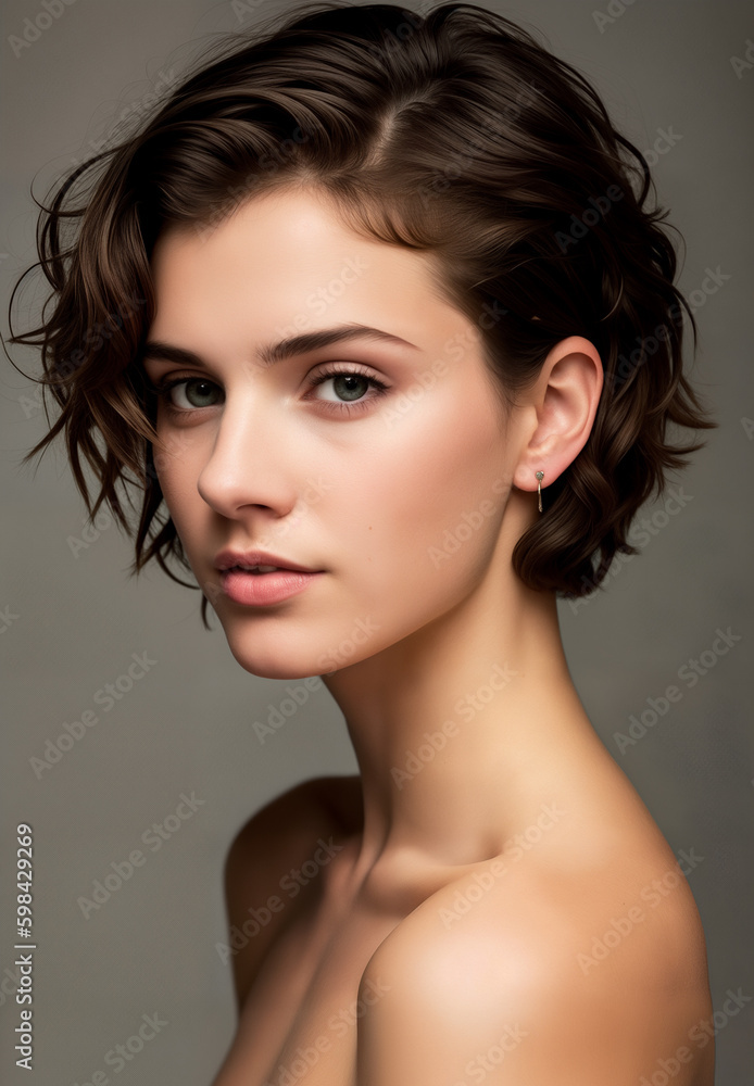 Portrait of a beautiful nude brunette girl with short dark curly or wavy brown hair with a confident gaze, indoors close-up. Generative AI. Portrait of a beautiful nude brunette girl with short dark curly or wavy brown hair with a confident gaze, indoors close-up. Generative AI.