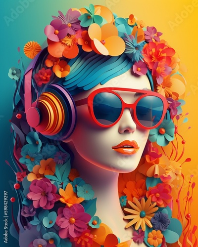 A beautiful woman wearing headphones with ornament colorful flowers background, music festival day. Generative AI, Generative, AI © nonblok