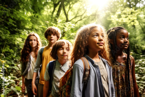 United as one, a group of diverse children explore the sunlit forest, grinning widely. In a moment of pure joy and innocence, friendship transcends race. Generative AI