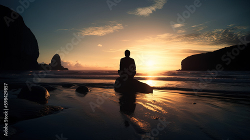 Serene Beach Sunset Silhouette - A Peaceful Moment - Generative AI © DigitalMuse