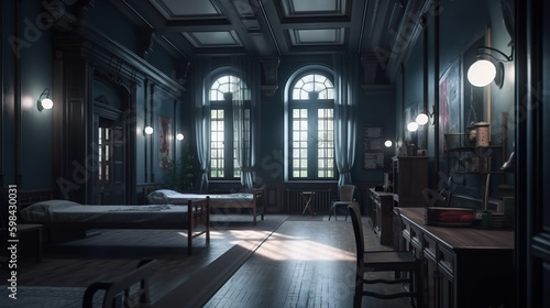 A dimly lit room with two beds and a desk. AI generative. Dark academia style, victorian style mansion interior design with wooden stairs.