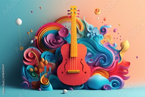 Paper art, musical instrumental with ornament colorful flowers background, music festival day. Generative AI, Generative, AI