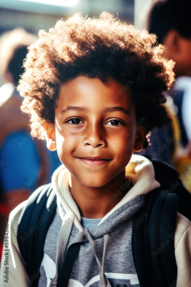 A cheerful 12-year-old Afro-American boy beams with excitement, waiting for the school bus with his friends of all races, sharing innocent joy and happiness. Generative AI A cheerful 12-year-old Afro-American boy beams with excitement, waiting for the school bus with his friends of all races, sharing innocent joy and happiness. Generative AI