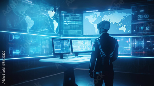 background wallpaper for business purpose criminal technology concept. police commissioner checking data of criminal case result with simulator interface on huge hologram wall.