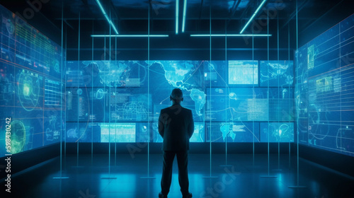 background wallpaper for business purpose criminal technology concept. police commissioner checking data of criminal case result with simulator interface on huge hologram wall.