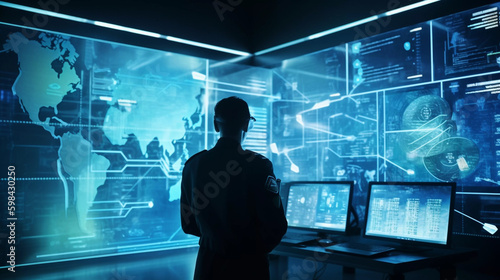 background wallpaper for business purpose criminal technology concept. police commissioner checking data of criminal case result with simulator interface on huge hologram wall. photo