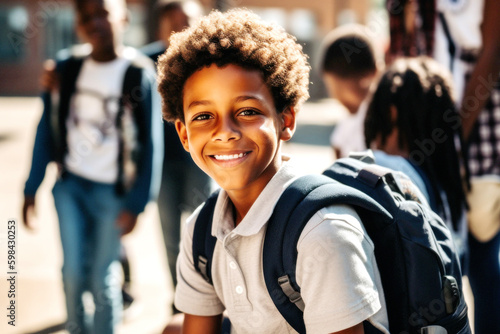 A cheerful 12-year-old Afro-American boy beams with excitement, waiting for the school bus with his friends of all races, sharing innocent joy and happiness. Generative AI © neo