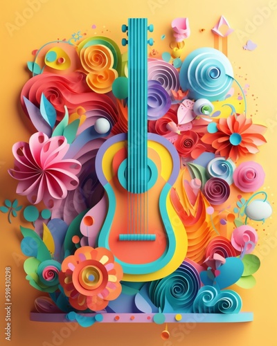A musical instrumental with ornament colorful flowers background  music festival day. Generative AI  Generative  AI