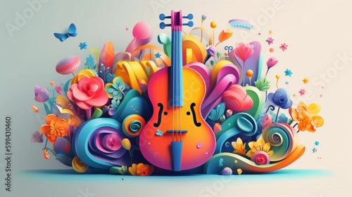 A musical instrumental with ornament colorful flowers background  music festival day. Generative AI  Generative  AI