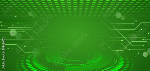 Abstract circle technology communication vector illustration. Hi-tech computer digital technology concept. Wide green background with various technological elements. Futuristic design for presentation