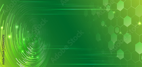 Green molecular background for the presentation of health, medical or technical topics. Geometric background from hexagonal objects, lines, circles, and shadows. Polygonal abstract composition.