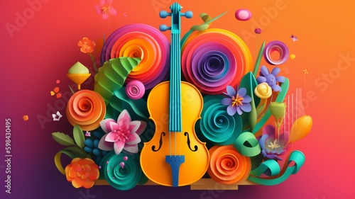 A musical instrumental with ornament colorful flowers background, music festival day. Generative AI, Generative, AI