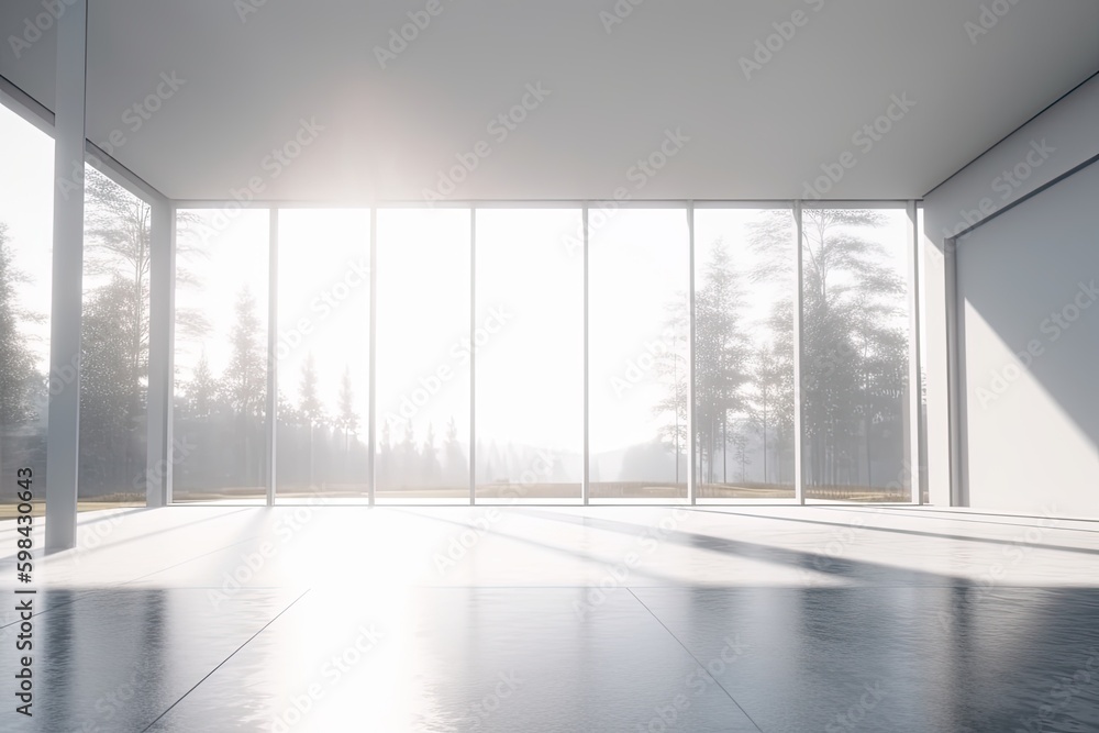 Fototapeta premium an empty room with panoramic windows overlooking a lush forest landscape. Generative AI