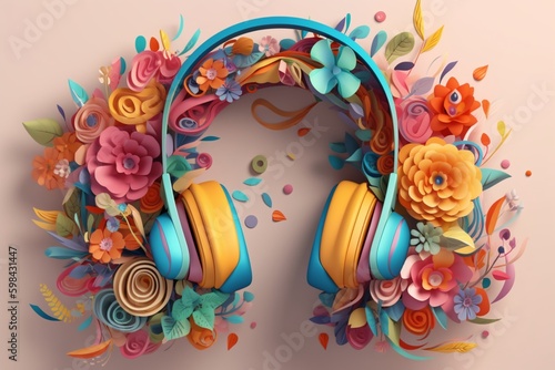 A headphones with ornament colorful flowers background, music festival day. Generative AI, Generative, AI