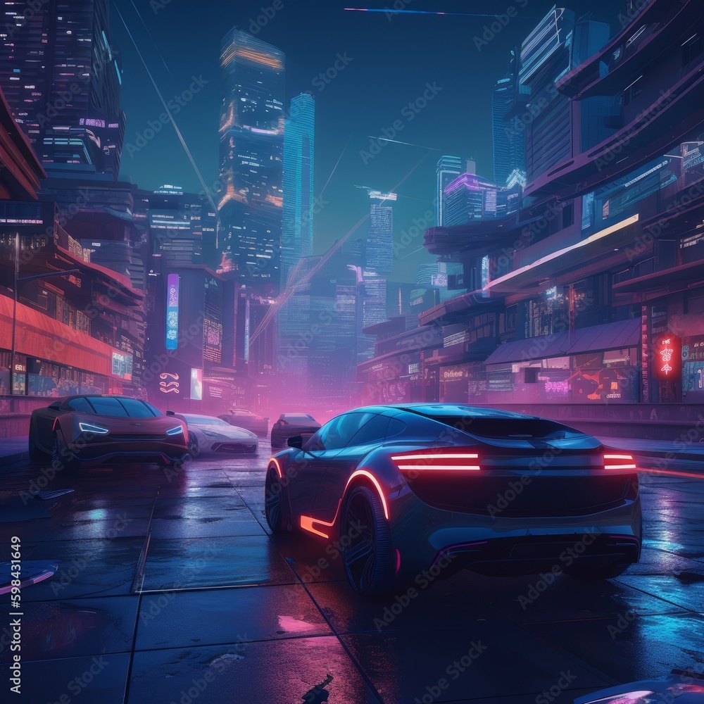 A centered shot of a futuristic car in a cyberpunk ai generative illustration