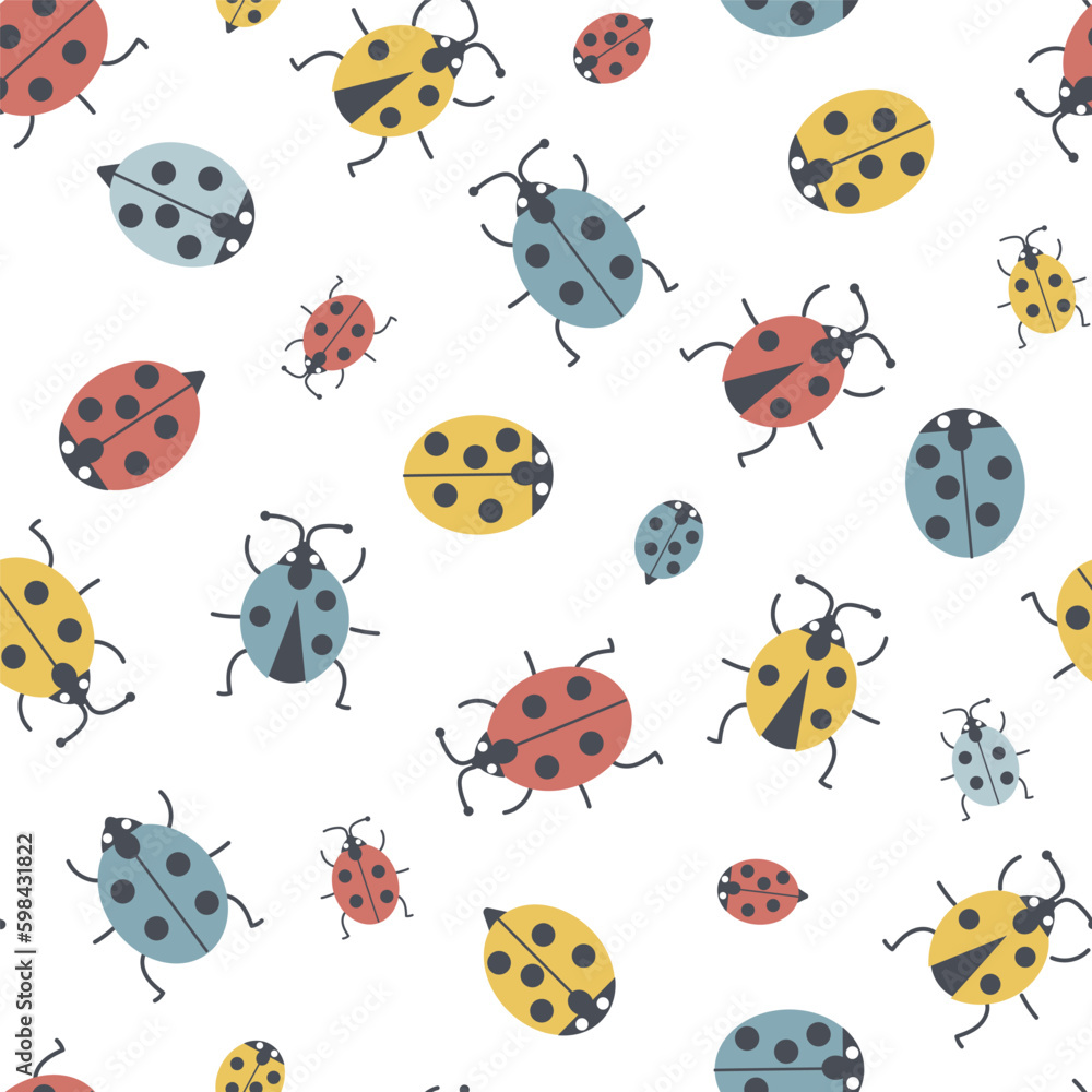 Seamless pattern with summer ladybugs that crawl, fly. Vector graphics with insects. Seamless pattern with summer ladybugs that crawl, fly. Vector graphics with insects.