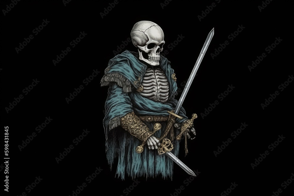Fototapeta premium skeletal warrior in blue robes wielding a sword. Generative AI