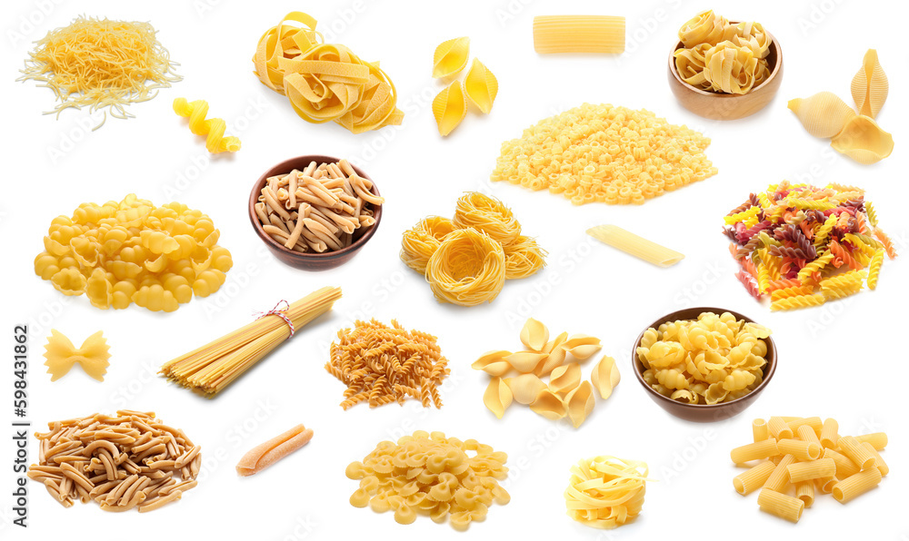 Group of dry Italian pasta on white background Group of dry Italian pasta on white background