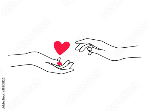 Hands holding heart, ralationship, love, art in line style. photo