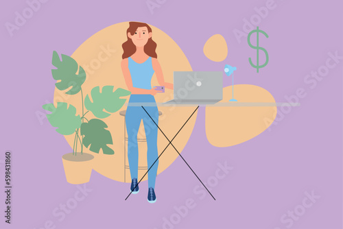 2D vector illustration of cartoon female in blue outfit shopping online with netbook while standing at table with lamp near potted plant
