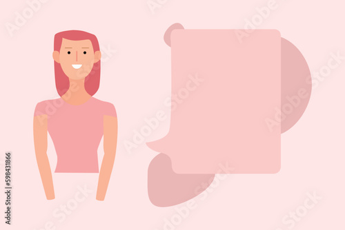2D vector illustration of cartoon female in green t shirt with black hair near rectangular speech bubble