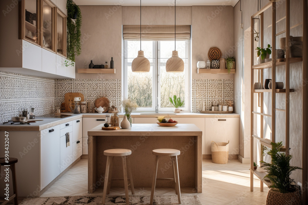 Cute modern kitchen, boho design interior style. Beige light colors. Super photo realistic background, generative ai Cute modern kitchen, boho design interior style. Beige light colors. Super photo realistic background, generative ai