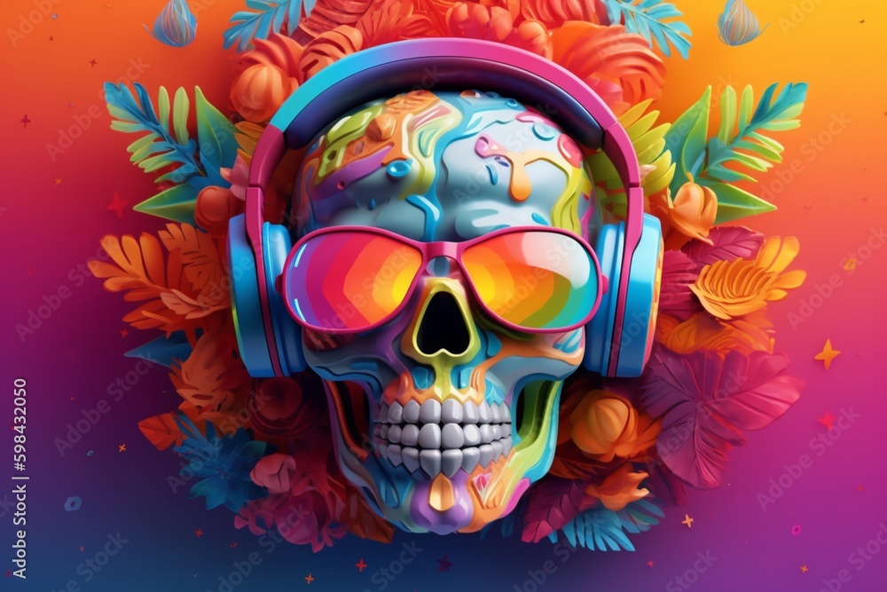 Skull wearing headphones and sunglasses with colorful background, music festival day. Generative AI, Generative, AI