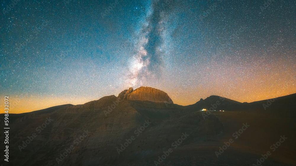 The Milky Way Galaxy above the summits of mount Olympus