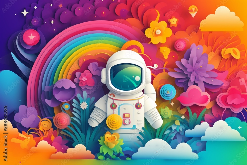 Astronaut with colorful outer space and rainbow, imaginary space. Generative AI, Generative, AI Astronaut with colorful outer space and rainbow, imaginary space. Generative AI, Generative, AI