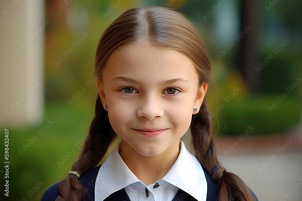 Portrait smiling child girl dressed in school uniform, generative Ai Portrait smiling child girl dressed in school uniform, generative Ai