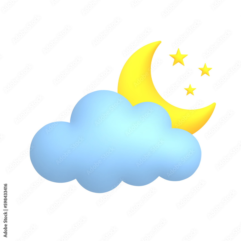 Cloud, moon, stars. Cute weather realistic icon. Cloud, moon, stars. Cute weather realistic icon.
