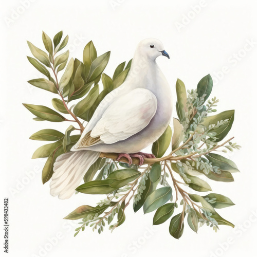 Watercolor white dove and olive branche Illustration AI Generative.