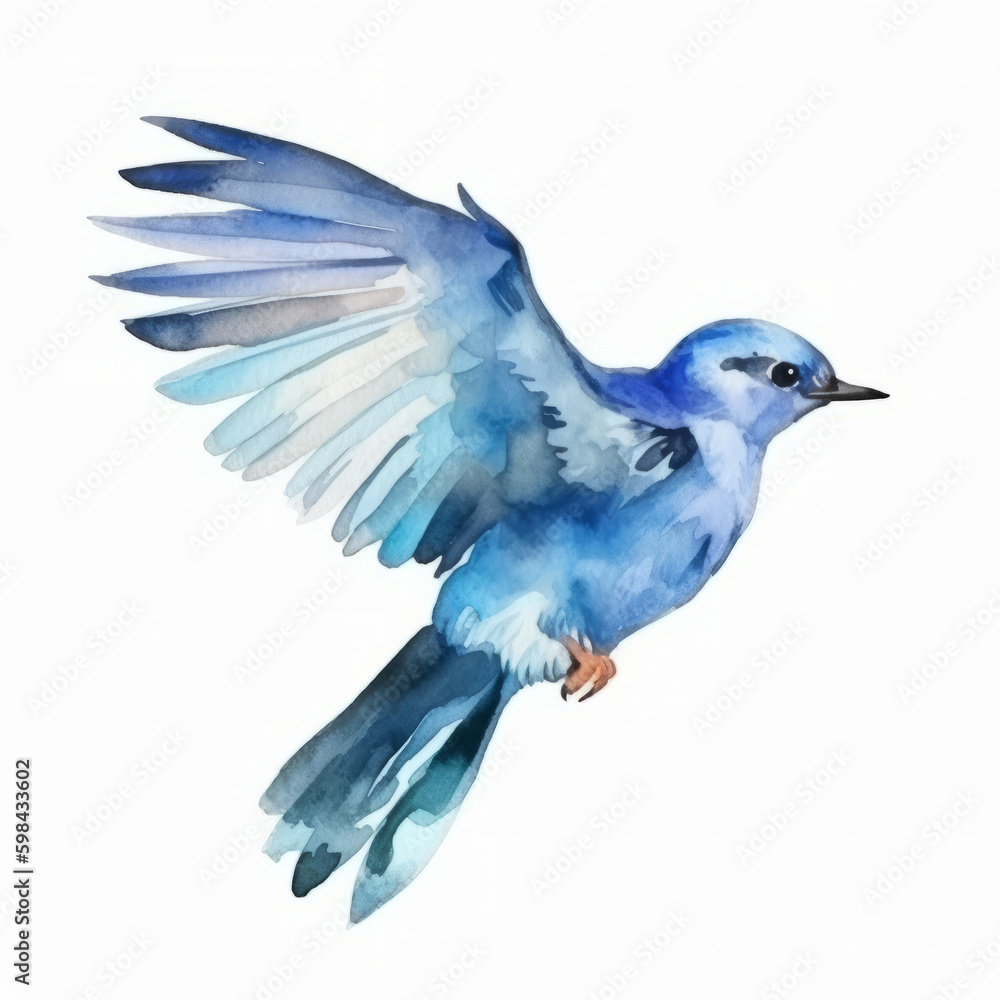 Watercolor blue bird. Illustration AI Generative.