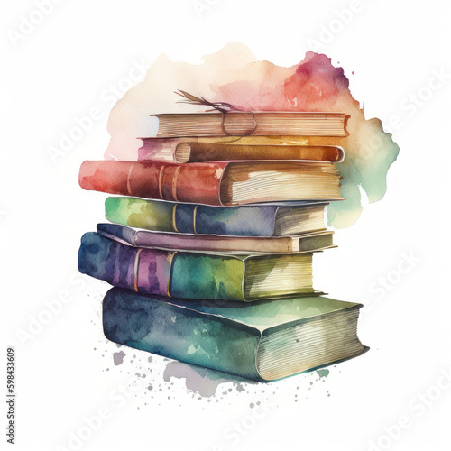 Watercolor books. Illustration AI Generative.