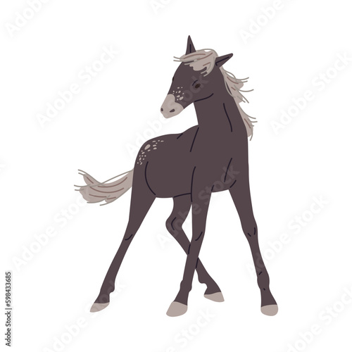 Horse or foal with mane fluttering in the wind flat vector illustration isolated.