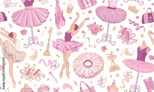Seamless pattern with hand drawn ballerinas and ballet school elements. Vector illustration