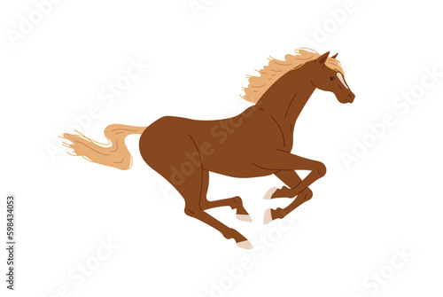 Galloping brown horse with yellow mane and tail flat style