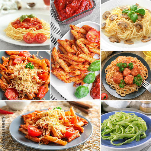 Collage of tasty pasta dishes on plates