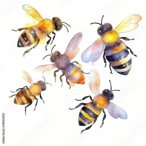 Watercolor Honey Bee. Illustration AI Generative.