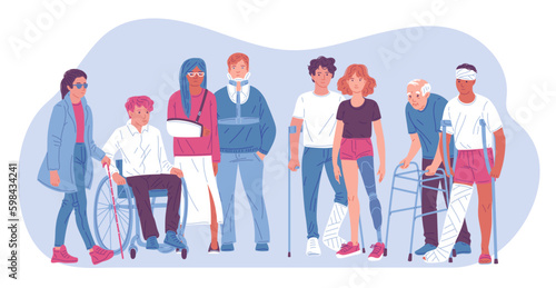 People with various injuries flat style, vector illustration