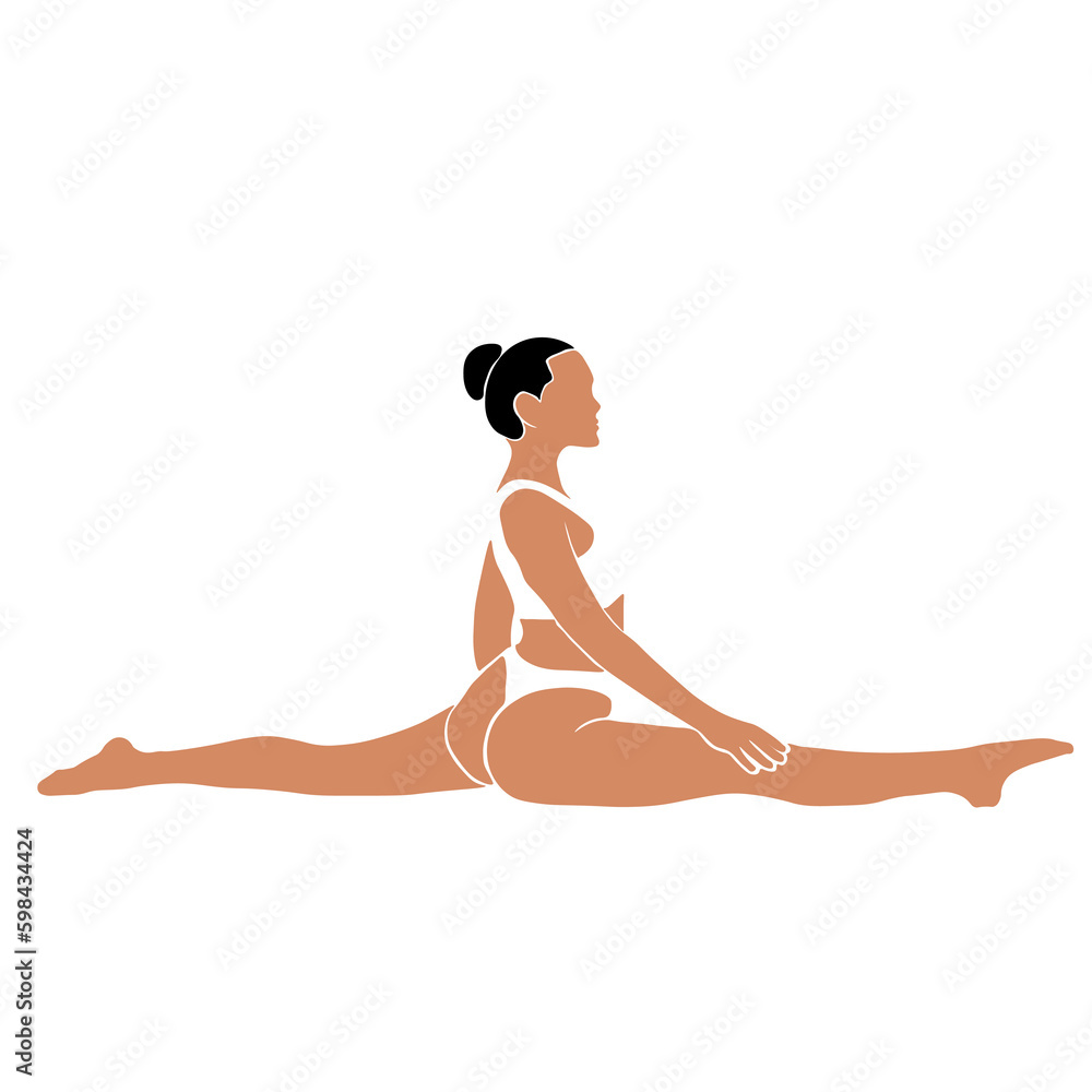 The pose of a girl who does yoga, stretching. Vector illustration in flat design on a white background. The pose of a girl who does yoga, stretching. Vector illustration in flat design on a white background.