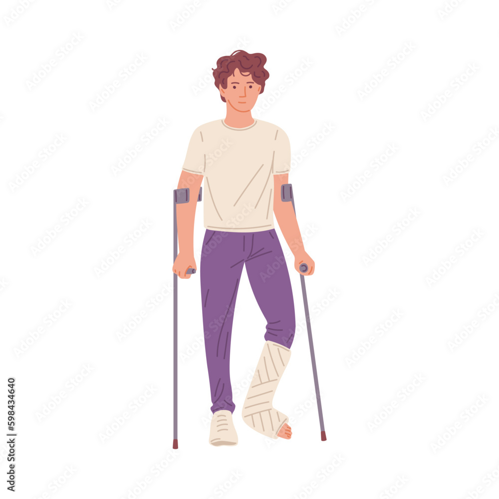Injured man with broken leg in cast, flat vector illustration isolated on white background.