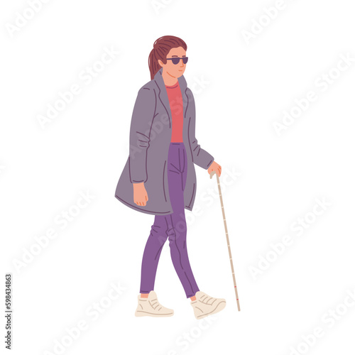 Blind woman walking with cane, flat vector illustration isolated on white background.