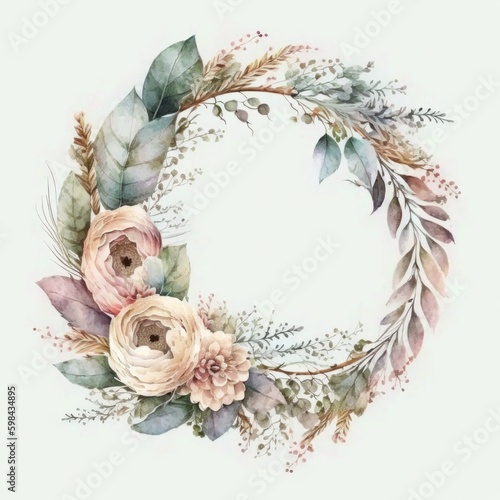 Watercolor wedding flower wreath. Illustration AI Generative