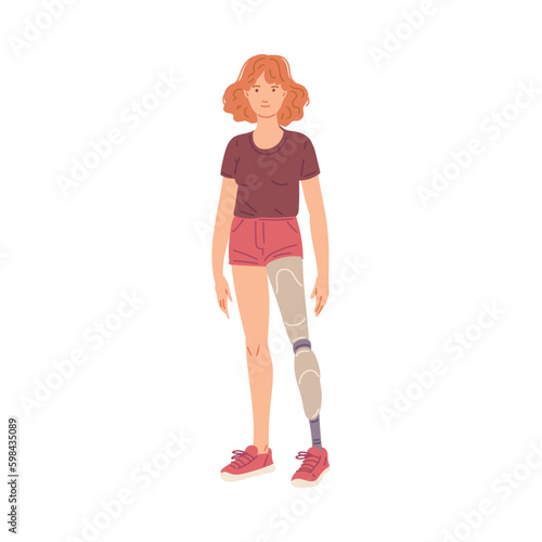 Smiling young girl with prosthetic leg flat style, vector illustration